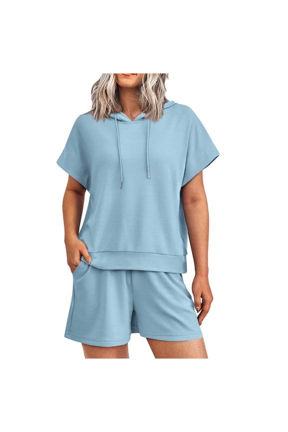 Otvok Summer Womens Sets Casual 2 Piece Outfits Short Sleeve Hoodie Tops and Shorts with Pockets