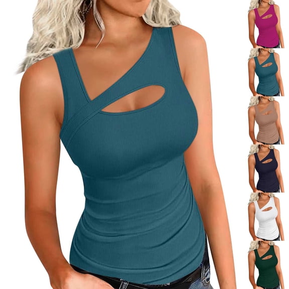 Otvok Summer Womens Solid Color U-Neck Slim Fit Vest Round Neck Sleeveless Tank Top