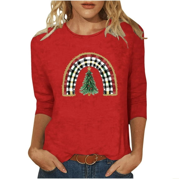 Otvok Summer Womens Tops Casual Round Neck Christmas Printed Blouse 3/4 Sleeve T-Shirt