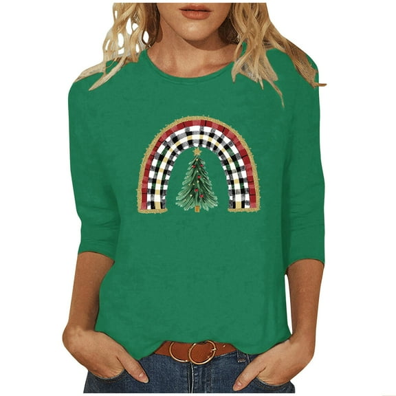 Otvok Summer Womens Tops Casual Round Neck Christmas Printed Blouse 3/4 Sleeve T-Shirt