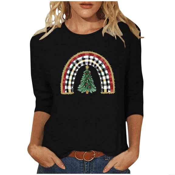 Otvok Summer Womens Tops Casual Round Neck Christmas Printed Blouse 3/4 Sleeve T-Shirt