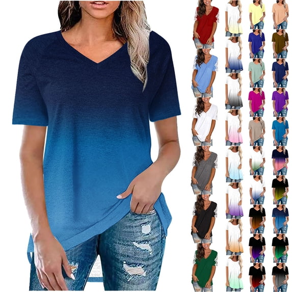 Otvok T-Shirt for Women's Fashion Summer Tops Round Neck Leisure Short Sleeve Gradient-Color Blouses