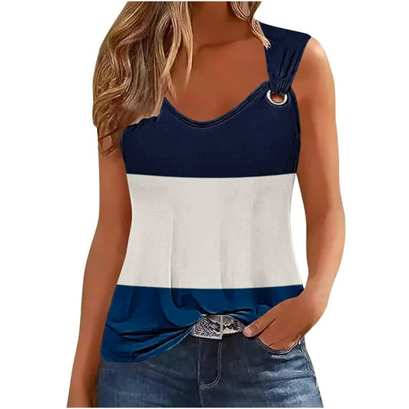 Otvok Tank Top for Women Sexy Fashionable Three Color Block Camisole Metal Round Neck Blouse