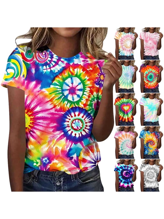 Tie-Dye T Shirts for Women Summer Casual Graphic Round Neck Short Sleeve Workout Blouses Basic Tees Tops