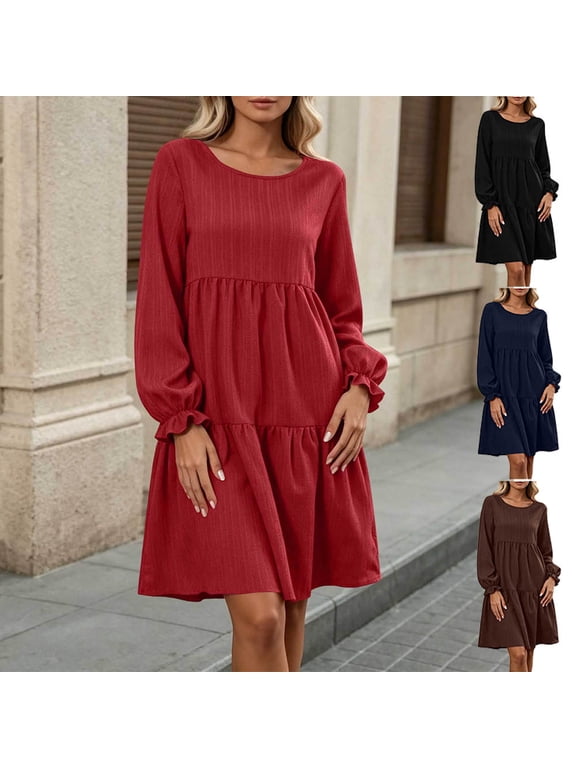 Tiered Swing Mini Dress, Winter Women Round Neck Long Bubble Sleeve Dress, Ruffle Cuff Textured Loose Casual Outfit