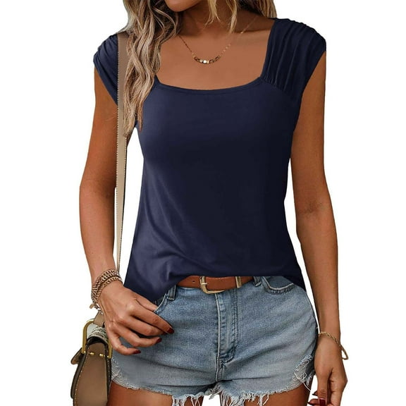 Otvok Tops for Women Casual Solid Color Short-Sleeve Blouses U-Neck Shirts