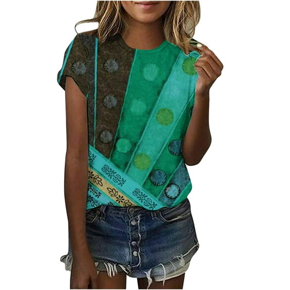 Otvok Tops for Women Fashion Casual Vintage Print Short Sleeve Round-Neck Pullover Blouse T-Shirt