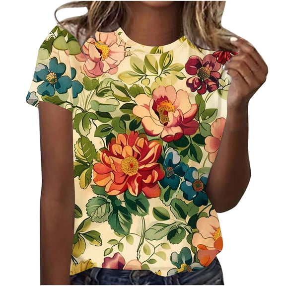 Otvok Tops for Women Ladies Round Neck Dressy Tunic Short Sleeve Casual Tee Flower Print Fashion Shirt