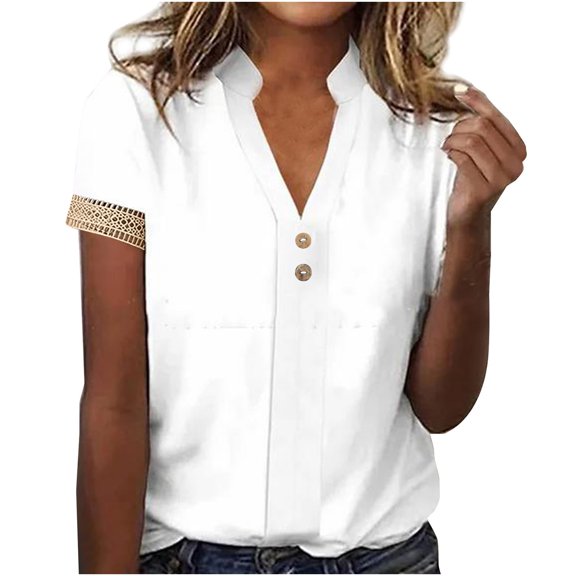 Otvok Tops for Women Trendy 2024 Summer Lace Sleeve Shirts Outfits Casual Button Design T-Shirt