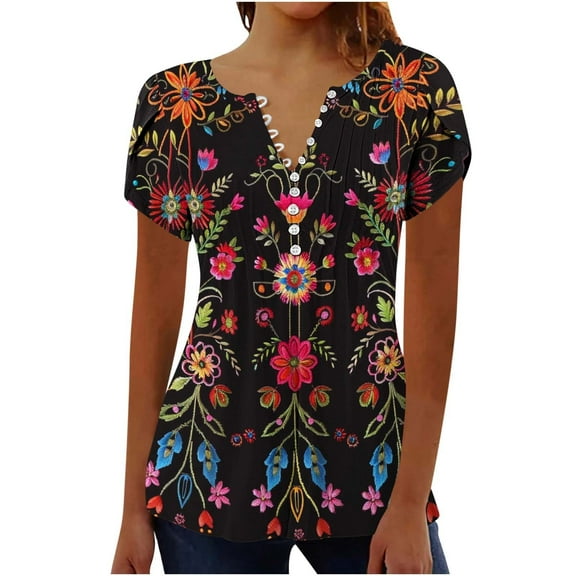 Otvok Tops for Women's Summer Short Sleeve V-Neck Button Pleated Blouse Floral Casual Flowy Tunic Blouse