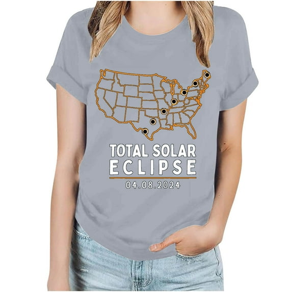 Otvok Total Eclipse 2024 Print T-Shirt for Women Round Neck Short Sleeve Tops Blouses