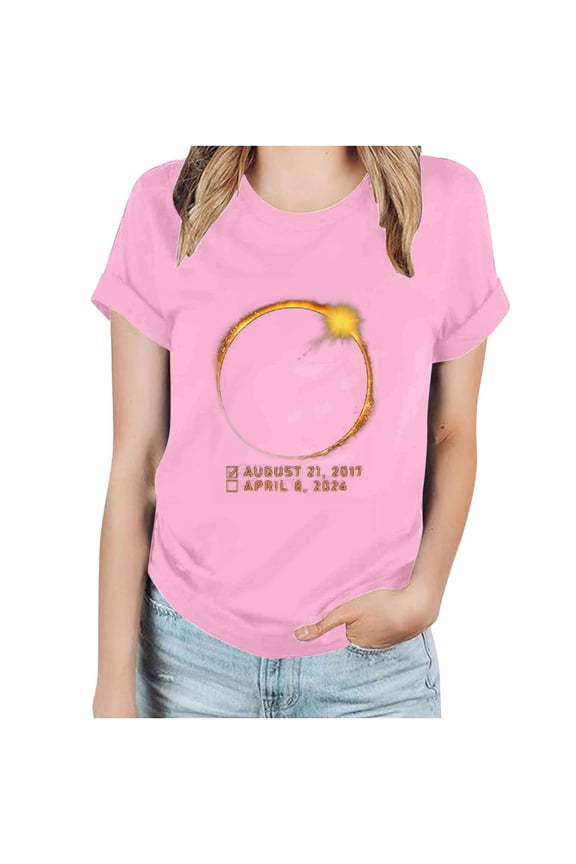 Otvok Total Solar Eclipse Print T-Shirt for Women Round Neck Short Sleeve Black White Red Gray Tops