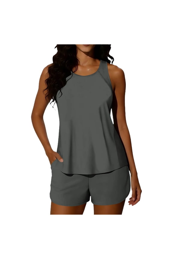 Two Piece Tankini Swimsuits for Women Bathing Suit with Shorts Athletic Two Side Pockets Swimwear