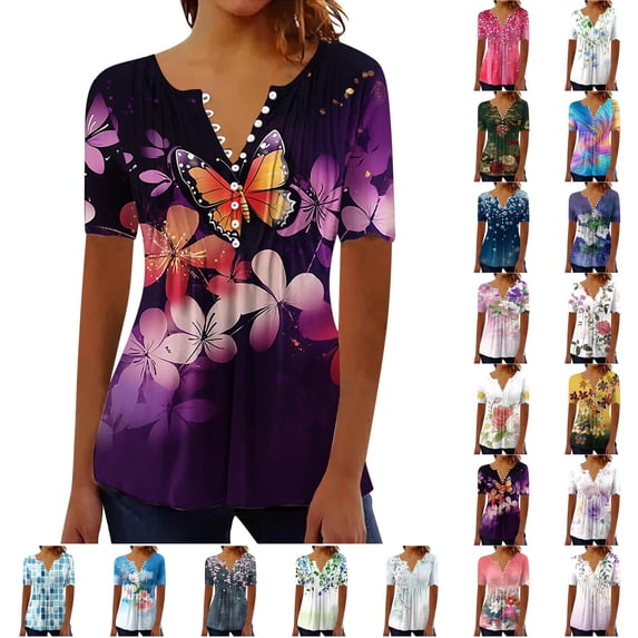 Otvok V Neck Floral Blouses Women's Short Sleeve Pleated Henley Tops Soft Vacation Casual Tunic Shirts