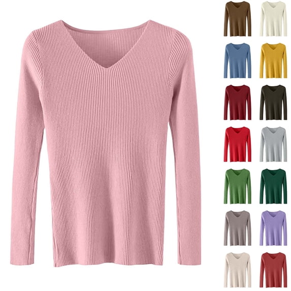 Otvok V Neck Ribbed Slim Fit Sweater for Women, Long Sleeve Solid Pullover, Stretchy Basic Layering Top for Autumn Winter