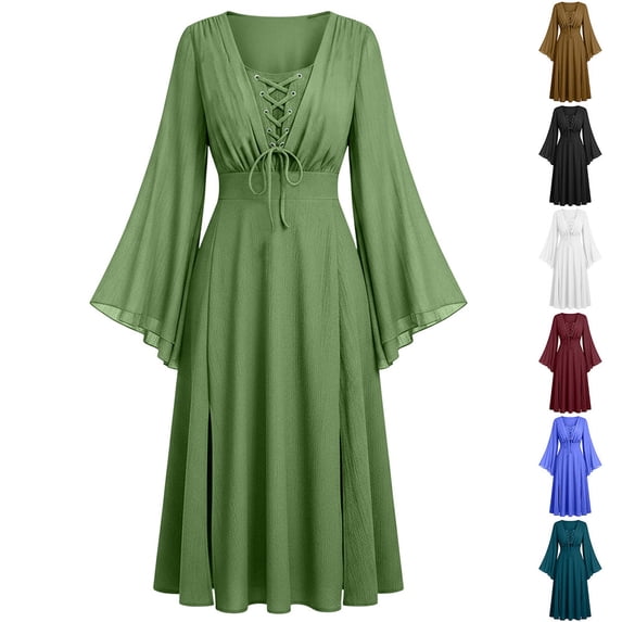 Otvok V Neck Vintage Gothic Dress, Women Lace Up Bust Midi Dress, Long Flare Sleeve Drawstring Waist Split Hem Halloween Dress