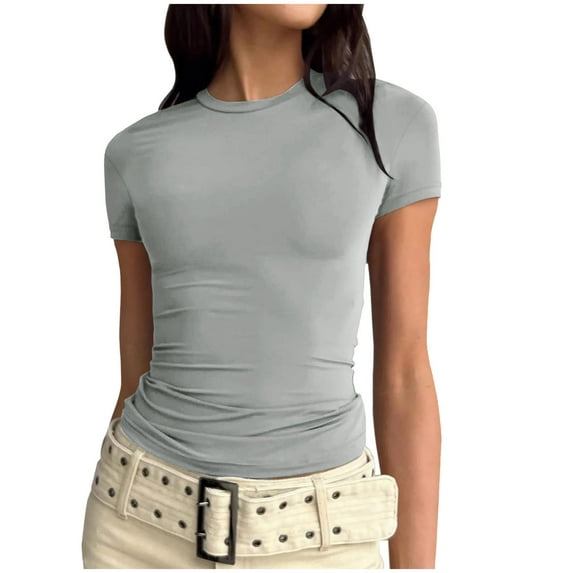 Otvok Versatile Tops for Women Crewneck Solid Color Slim Short-Sleeve Pullover T-Shirt