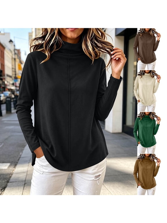 Winter Tops Womens Loose Mock Neck Tunic Shirt Long Sleeve Front Seam Curved Hem Casual Solid Fall Daily Blouse