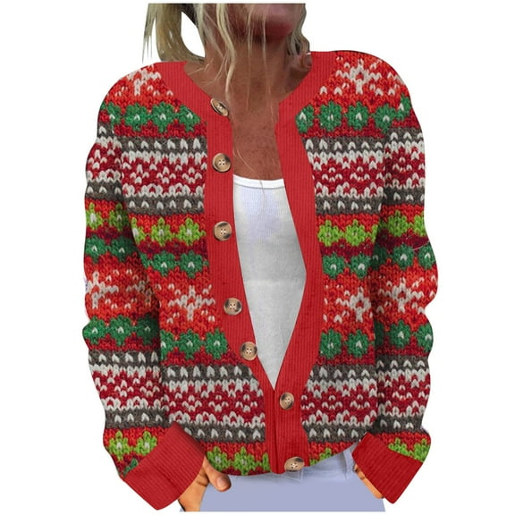 Otvok Winter Women's Print Cardigan Long Sleeve Open Front Button Down Knitted Sweaters for Christmas