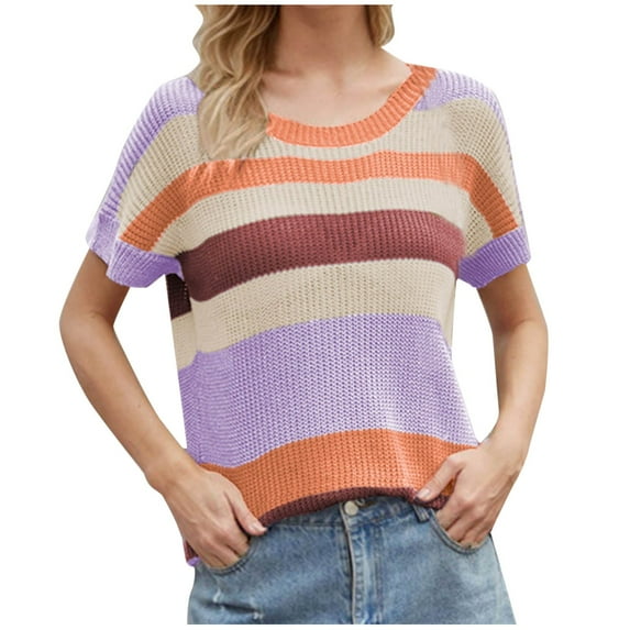 Otvok Woman Fashion Striped Round Neck Short Sleeve Plus Casual Knit Sweater Tops