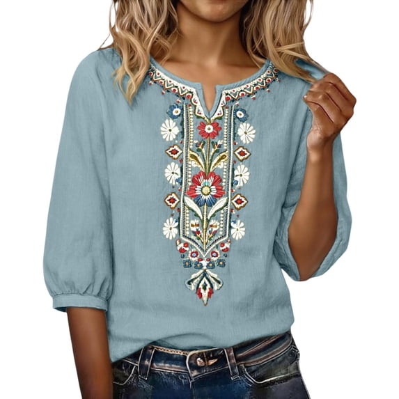 Otvok Women Boho Embroidered Blouse, 3/4 Sleeve V Neck Loose Casual Floral Ethnic Tunic Top