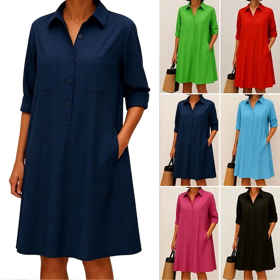 Otvok Women Button Shirt Dress , Roll Up 3/4 Sleeve Tunic Dress, Turndown Collar Loose Shift Dress With Pockets Casual Midi Dress