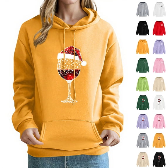 Otvok Women Casual Daily Sweatshirt Christmas Wine Glass Print Hooded Long Sleeve Drawstring Pocket Top