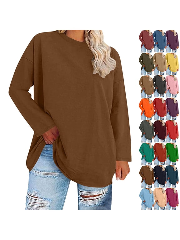 Women Casual Plus Size Tops, Long Sleeve Crew Neck Loose Fit Oversized T Shirt Solid Soft Blouse for Fall Daily Outfit