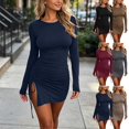thumbnail image 1 of Otvok Women Crew Neck Bodycon Mini Dress, Long Sleeve Drawstring Ruched Dress, Side Slit Stretchy Nightclub Party Dress, 1 of 7