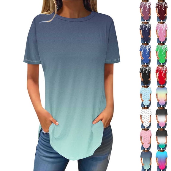 Otvok Women Crewneck Blouse Loose Fit Tunic Tops Short Sleeve Dressy Casual Summer Long Tee Shirts