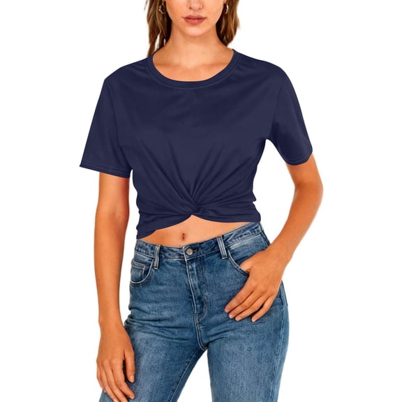 Otvok Women Fashion Casual Solid Color Backless Hollow Front and Back Wearable T-Shirt Short-Sleeve Round Neck Tops