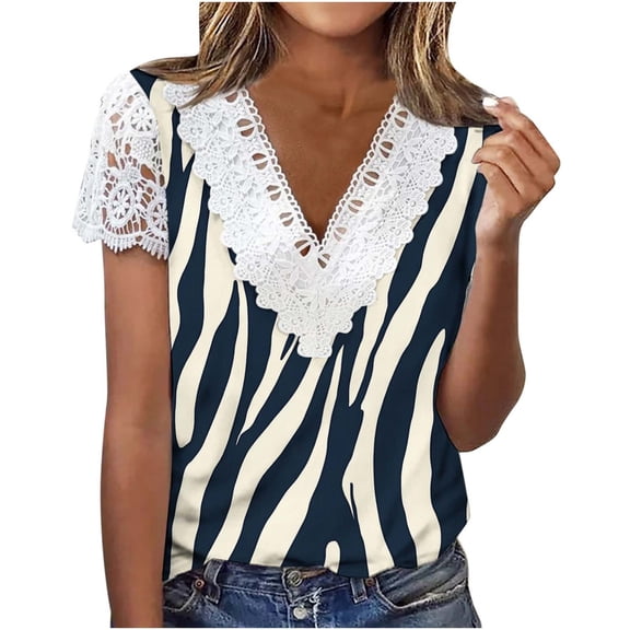 Otvok Women Fashion Summer Fold Printed Regular Women Short Sleeves V Neck Button Top