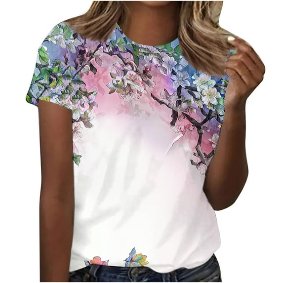 Otvok Women Fashion Summer Tops Printed Regular Short Sleeve Round Neck Blouses