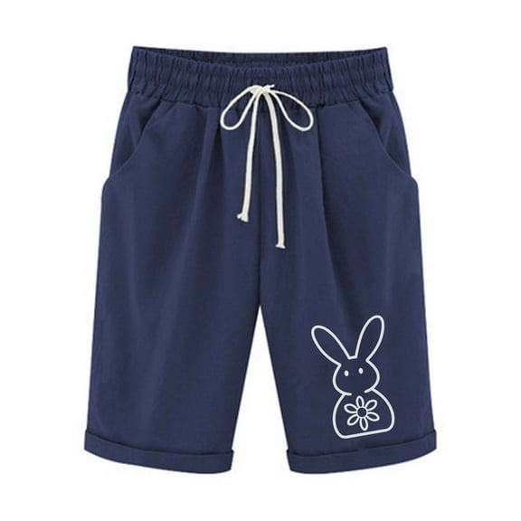 Otvok Women Half Pants Printed Casual Elastic Waist Drawstring Shorts with Pockets