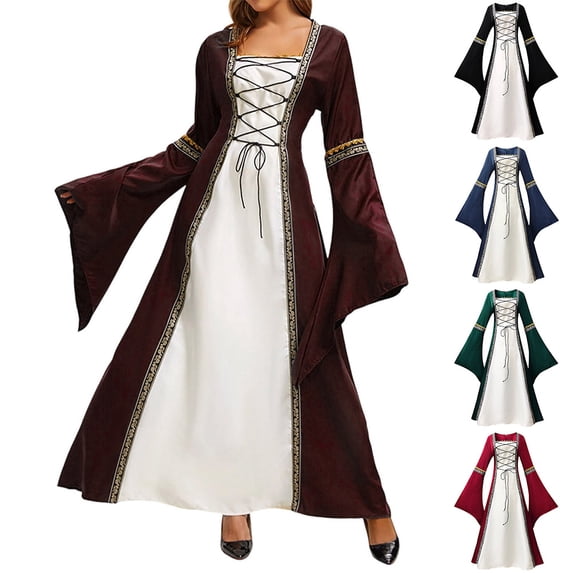 Otvok Women Halloween Dresses, Bell Sleeve Renaissance Maxi Dress, Square Neck Lace Up Gold Trim Long Gown Dress Party