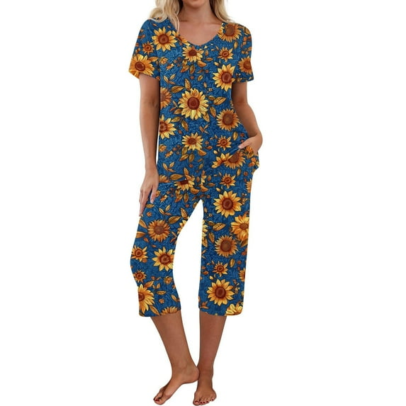 Otvok Women Home Sports Pajama Set V-Neck Short Sleeve Pajamas and Pants Suits with Pockets
