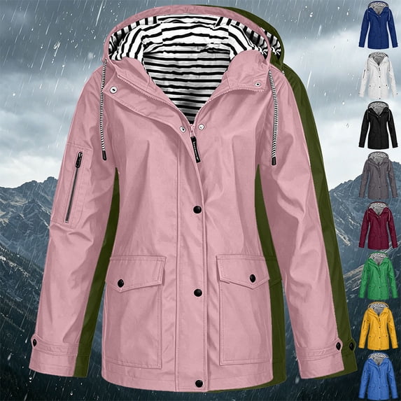 Otvok Women Hooded Raincoat Waterproof Windbreaker Multi Pocket Long Sleeve Outdoor Casual Jacket