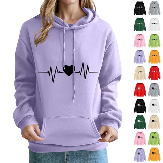 Otvok Women Hoodie Sweatshirt Heart Print Pullover Long Sleeve Drawstring Pocket Casual Daily Wear Top