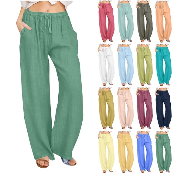 Otvok Women Linen Pants, Summer Flowy Pants for Women Solid Pants Straight Casual Long Wide Leg Trouser Pants Drawstring Trousers