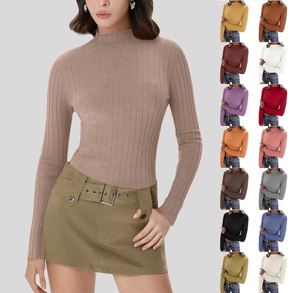 Otvok Women Mock Neck Ribbed Sweater, Long Sleeve Slim Fit Pullover, Ruffle Trim Layering Top for Fall Winter Daily Outfits