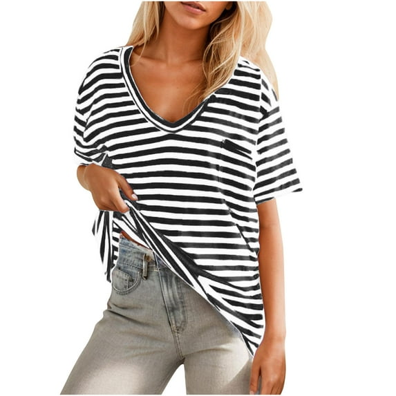 Otvok Women Oversized T-Shirt Striped Short Sleeve V Neck Tee Shirt Casual Loose Drop Shoulder Summer Going Out Top