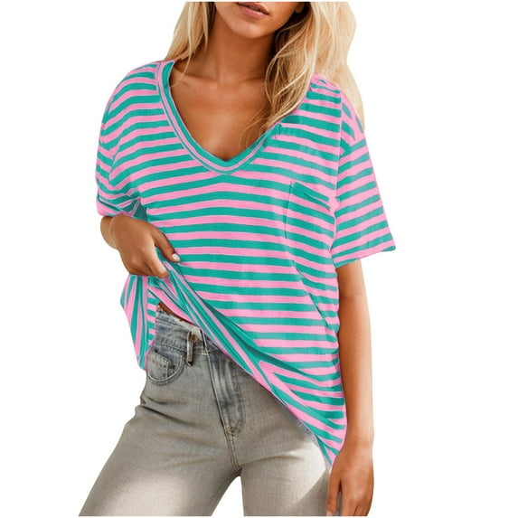 Otvok Women Oversized T-Shirt Striped Short Sleeve V Neck Tee Shirt Casual Loose Drop Shoulder Summer Going Out Top