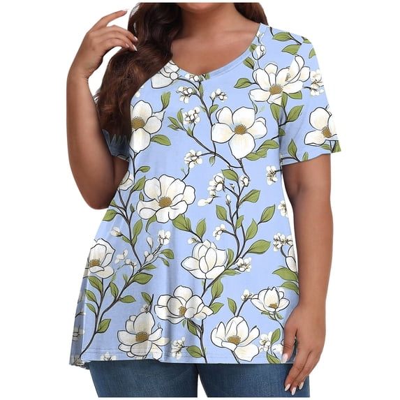 Otvok Women Plus Size Blouses Summer Printed Regular Short Sleeve T-Shirt Top