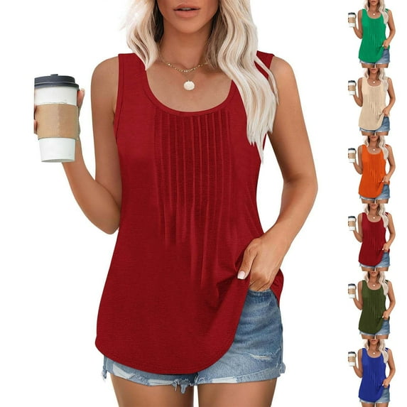 Otvok Women Plus Size Tank Top Solid Color Round Neck Sleeveless Casual Tee Vest