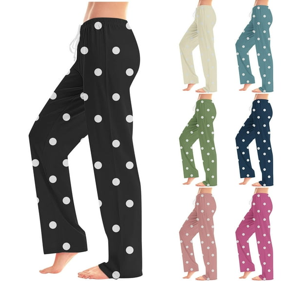 Otvok Women Polka Dot Print Pants Elastic Waist Draw Rope Pocket Full Length Pants