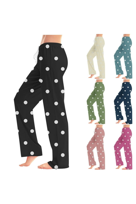 Otvok Women Polka Dot Print Pants Elastic Waist Draw Rope Pocket Full Length Pants