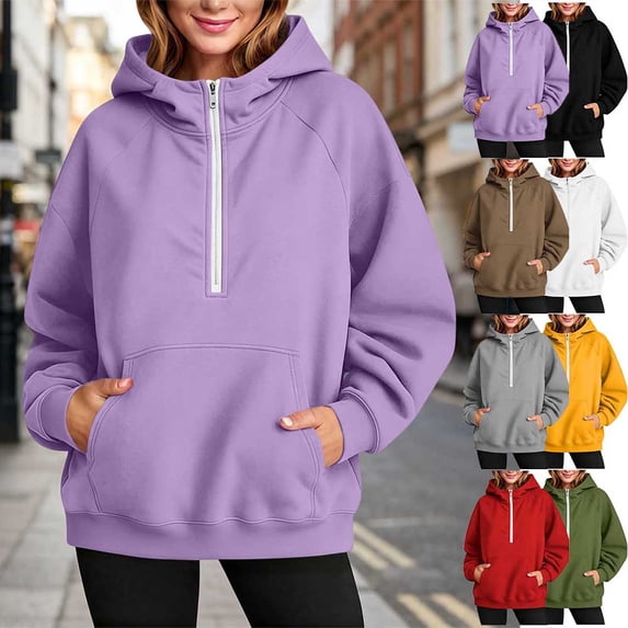 Otvok Women Relaxed Sweatshirts Hoodie, Quarter‑Zip Drawstring‑Hood Long‑Sleeve Everyday Pullover