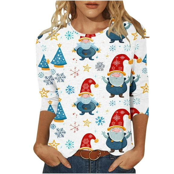 Otvok Women'S Christma Printed T-Shirt 3/4 Sleeves Blouse Round Neck Casual Tops