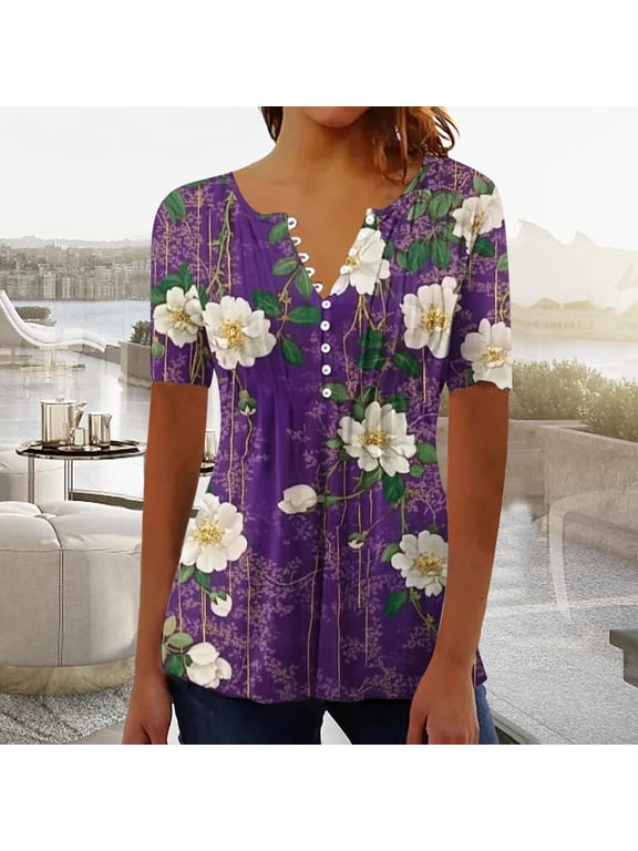 Women'S Short Sleeve Tops Plus Size Spring Summer Casual Printed Pullover with V-Neck Button Pleats