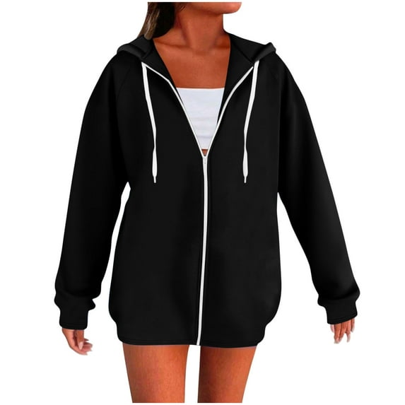 Otvok Women'S Solid Color Srawstring Long Sleeved Zipper Fashionable Top Hooded Sweatshirts Coat Blouse